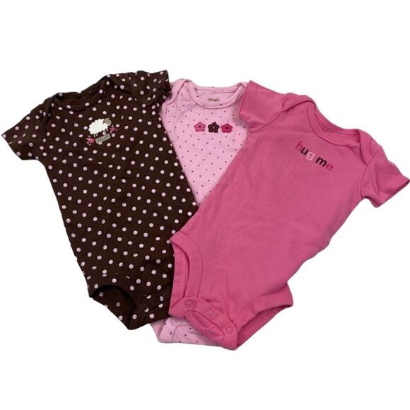 Pink and Brown Carter's snap crotch short sleeve onesie Girl 3 months bundle - Picture 1 of 13